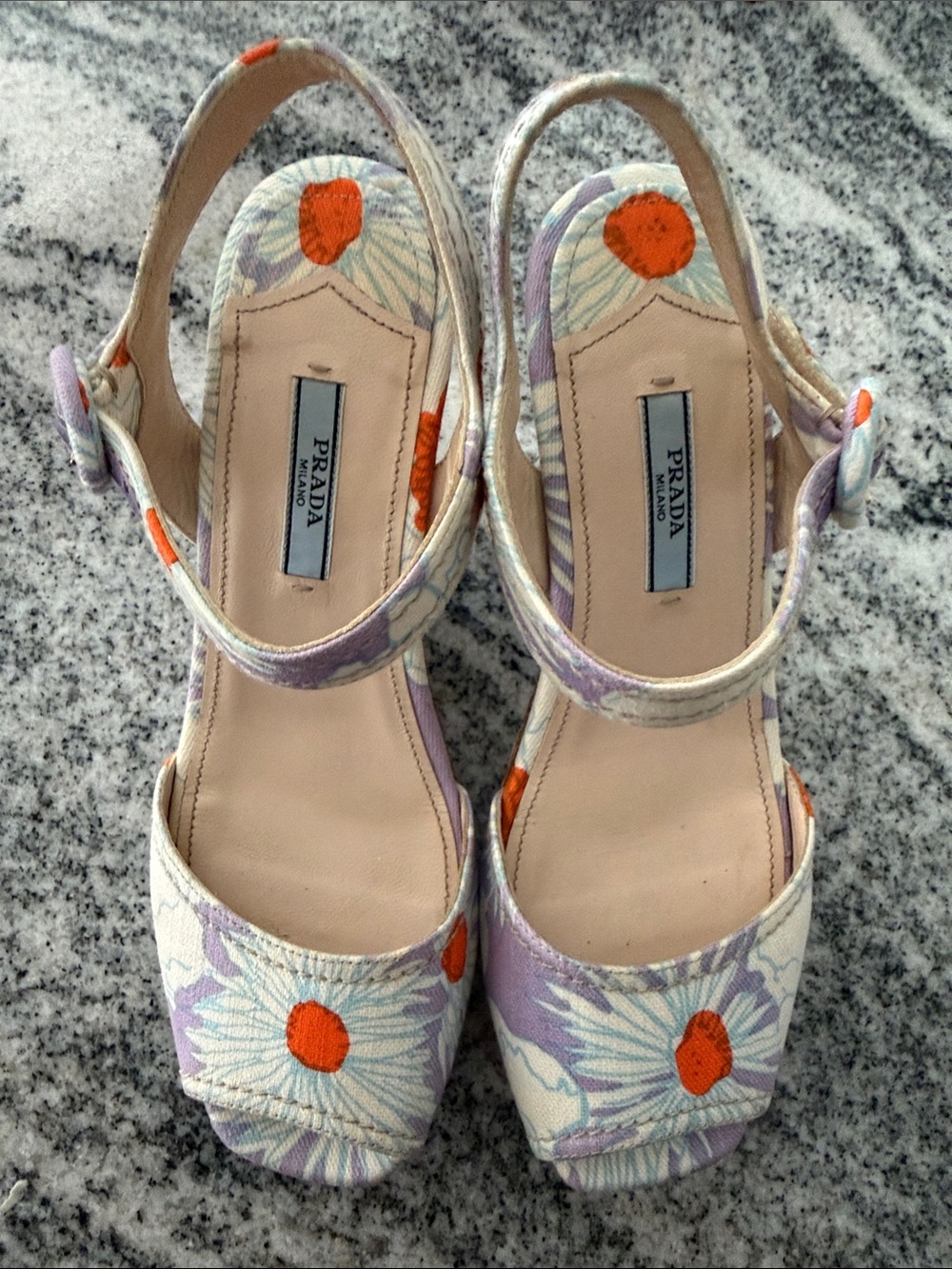 Vintage PRADA SS 2003 Archival Floral Platform Chunky Heel Sandals Size 37 Y2K